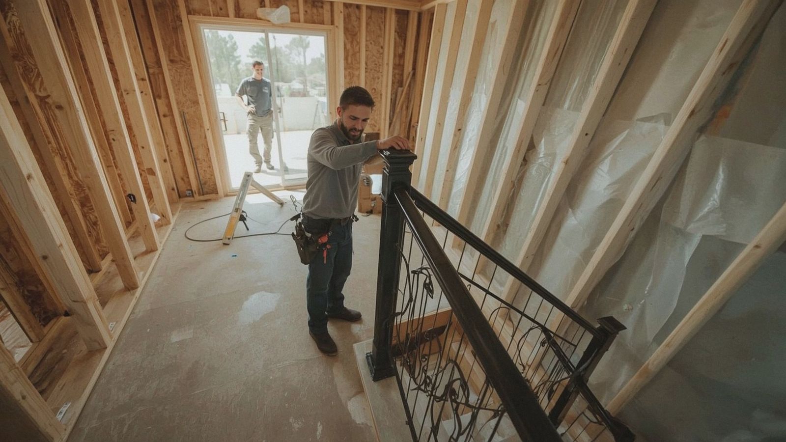 Installer setting railing posts on a new stair