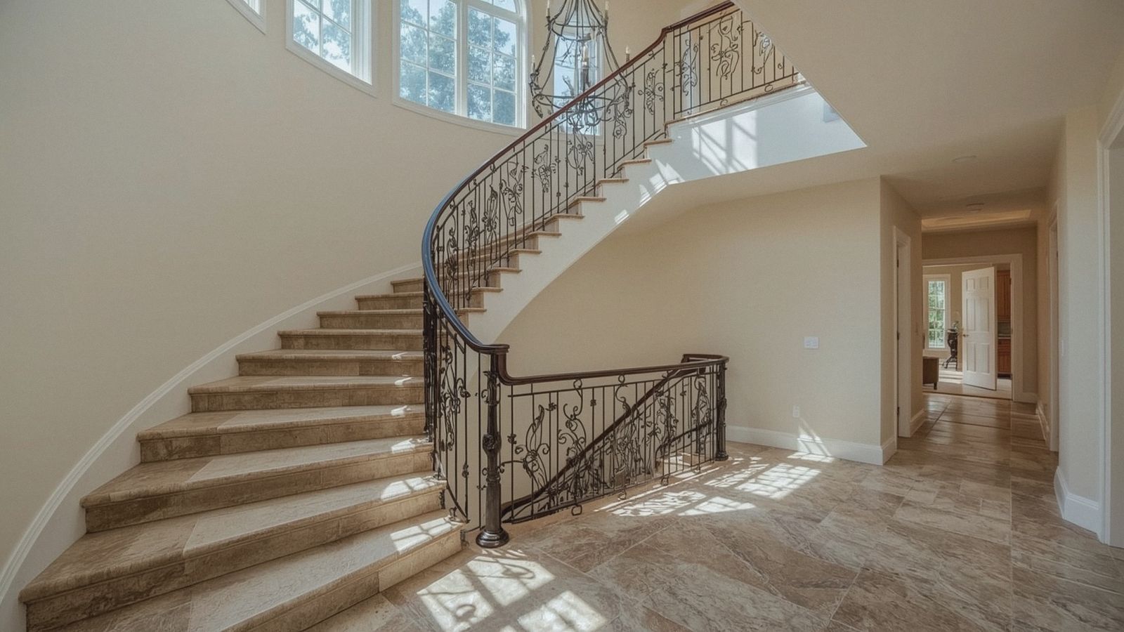 Hand-forged iron railing on a curved estate staircase